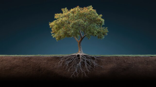 Majestic tree with vibrant green leaves stands tall above ground, showcasing intricate root structure in rich soil, symbolizing strength, growth, and natural beauty.