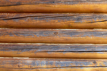 Texture of old wooden log wall with natural rustic pattern