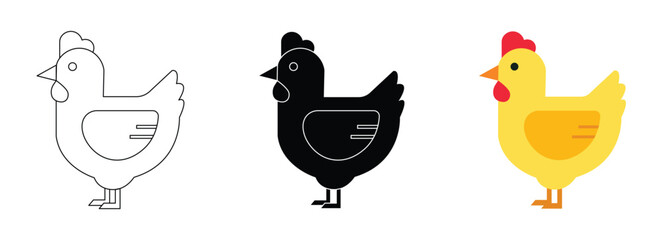 Chicken Bird Illustration Set — Outline, Silhouette, and Flat Color Farm Animal Vector for Poultry and Agriculture Design