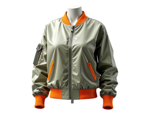 A modern bomber jacket on a mannequin, gray and orange, against a black background