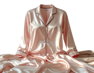 A pink satin pajama set lies on a bed. The top and pants are softly lit, with a black trim