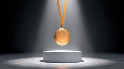 A Shimmering Bronze Medal Hanging in Spotlight on a Minimalistic Display Stand Celebrating Achievement and Success