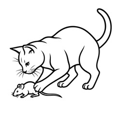 Obraz premium Realistic cat catching mouse illustration, minimal details, black and white vector, suitable for cutting plotter, no background