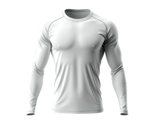 A realistic, white long-sleeved compression shirt against a transparent background, seemingly 3D rendered