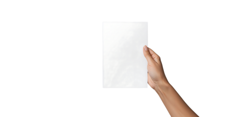 Hand holding blank white sheet of paper mockup