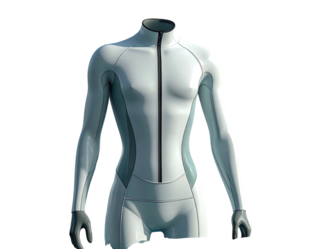 Rendered image of a futuristic, athletic bodysuit. Features a full-length zipper