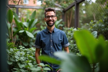 Urban Gardening Services Owner Surrounded by Lush Plants in City Oasis