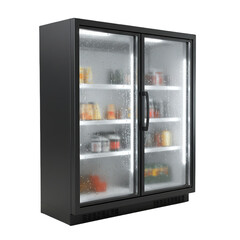 Commercial refrigerator with glass doors, displaying various food and drink products on shelves, Isolated on a Transparent Background, PNG, Cutout