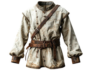 A worn white shirt with brown leather accents, showcasing a belt and shoulder strap