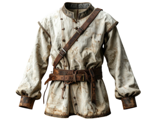 A worn white shirt with brown leather accents, showcasing a belt and shoulder strap