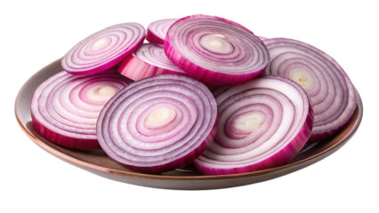 Close-up of fresh red onion slices arranged on a plate showcasing vibrant colors and texture
