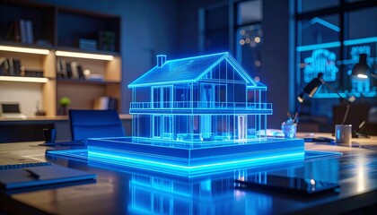futuristic 3D architecture of a modern house, glowing neon blue,
