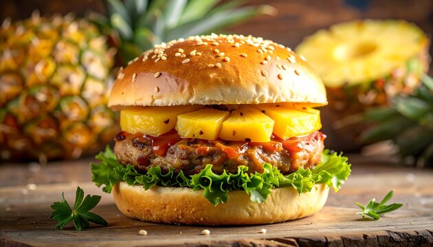 A juicy burger with pineapple chunks sits on a wooden surface, showcasing fresh greens and sesame seed bun, with pineapples in the background