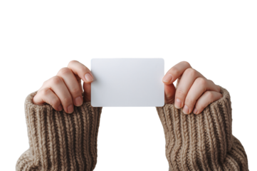 Woman holding blank card mockup studio shot