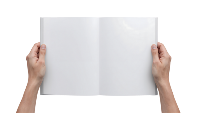 Hands holding open blank book magazine mockup