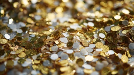 Dazzling Gold and White Confetti Cascade: A Festive Macro Shot