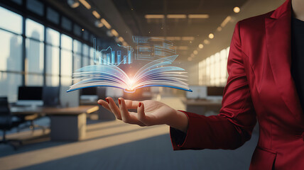 Woman in red jacket holding glowing digital book with data charts image