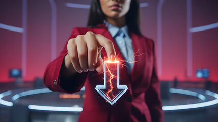 Woman in red jacket touching glowing neon down arrow with lightning effects electricity