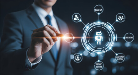 A smart businessman uses a modern AI-powered interface to streamline solutions, support, and customer service, creating a future of efficient business growth.