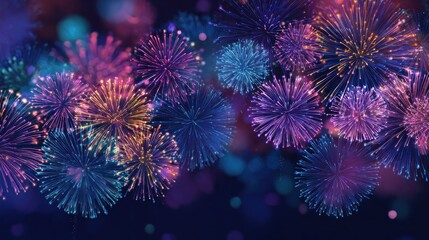 Fototapeta premium Vibrant Fireworks Display: Colorful Explosions Against Dark Night Sky
