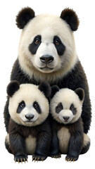 Naklejka premium Adorable giant panda family portrait gentle mother panda cuddles two playful cubs