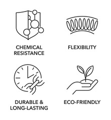 Silicone features outline icons - Flexibility, Chemical Resistance, Eco-friendly, Durable