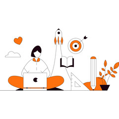 Person Studying With Laptop And Books On Transparent Background With Orange Accents Showing Growth And Achievement Symbols Including A Rocket And Target