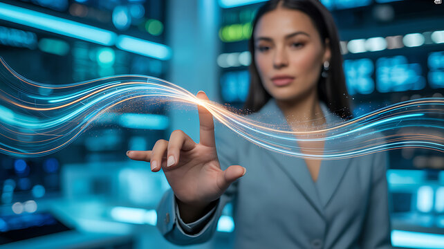 Woman touching glowing digital data streams in futuristic control room finger