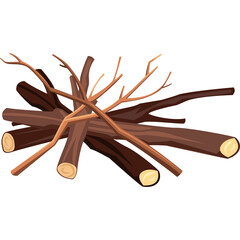 Pile Of Dry Brown Firewood And Thin Twigs Stacked Together On Transparent Background In A Rustic Style Illustration