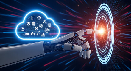 A robotic hand points to a portal of light, symbolizing the seamless integration of artificial intelligence with cloud computing technology solutions.