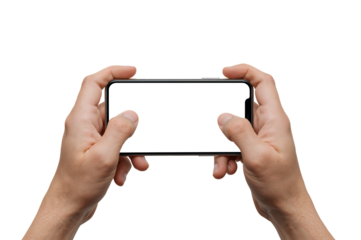 Hands holding smartphone with blank screen playing game