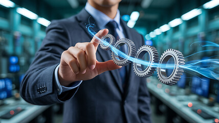 Businessman holding interlocking gears with blue energy flow in server room technology