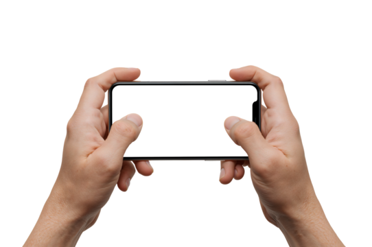 Hands holding smartphone with blank screen playing game