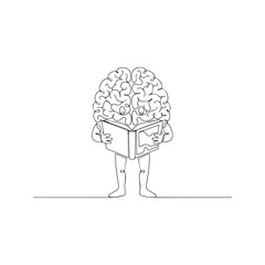 Single continuous line drawing of a human brain character mascot standing and reading a book. Modern minimalist vector illustration for knowledge, learning, and intelligence concept.
