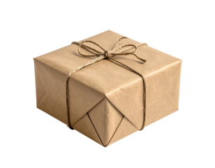A perfectly wrapped square package with brown paper and string, isolated on a black background