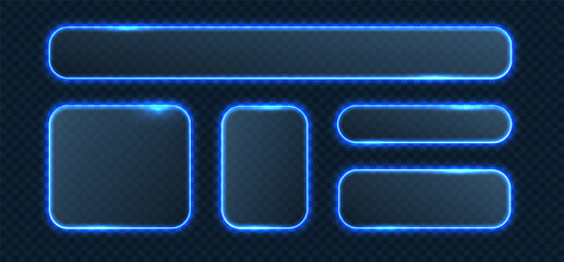 Neon light frames. Futuristic glass interface buttons set. Glowing UI shapes blue transparent vector