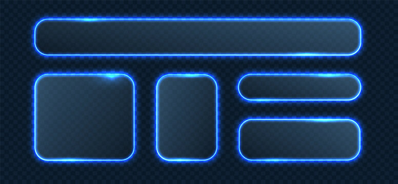 Neon light frames. Futuristic glass interface buttons set. Glowing UI shapes blue transparent vector