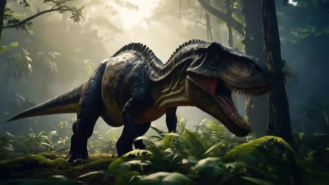 Majestic Allosaurus Hunts in Lush Prehistoric Jungle Sunlight.