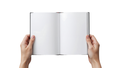 Hands holding blank open book mockup