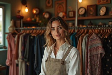 Capturing the Trendy Small Business Owner of a Retro Fashion Boutique Surrounded by Vintage Apparel and Antique Decor