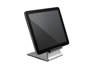 Angled electronic display device with a glossy screen mounted on a silver-colored support stand