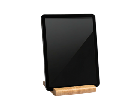 A sleek, modern tablet with a black screen displayed on a wooden stand against a dark background