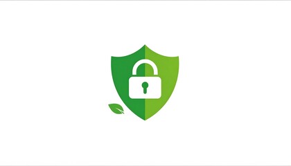 A minimalist security logo featuring a green shield with a padlock inside, with a leaf beside the shield