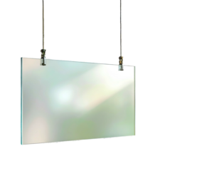 A rectangular glass pane, suspended by two thin metal wires, reflects soft colors against black background