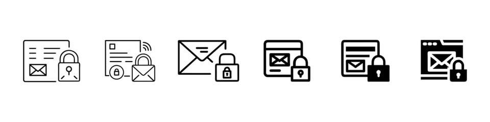 Set of secure email, document, privacy icons, locked message, data protection, confidential communication symbols in outline styles, Email Privacy, Cyber Security, Data Protection Outline Icons Set