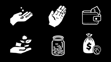 A collection of symbolic poverty-related icons, such as a hand with an outstretched palm, an empty wallet, and a broken coin jar.