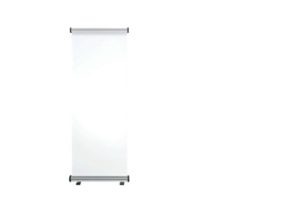 A vertical, white, rectangular display screen with a silver base and casing on a black background