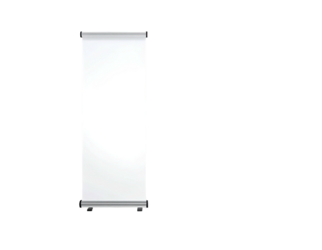 A vertical, white, rectangular display screen with a silver base and casing on a black background