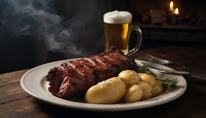 Smoked pork ribs on a plate with round potatoes and a glass of foamy beer