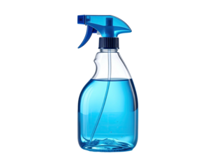 A transparent spray bottle filled with bright blue liquid, presented against a black background